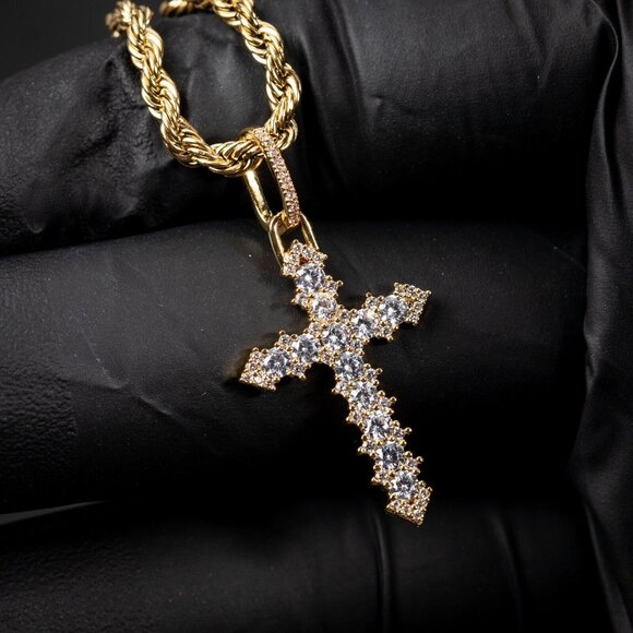Men's Small Iced Cz 14K Yellow Gold Hip Hop Cross Pendant Rope Chain Necklace - Picture 1 of 6